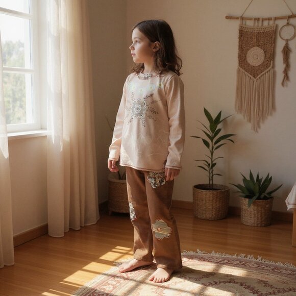 Little Mass Girls Outfit 6 Brown Corduroy Flare Pants & Top Y2K Boho - Picture 1 of 16